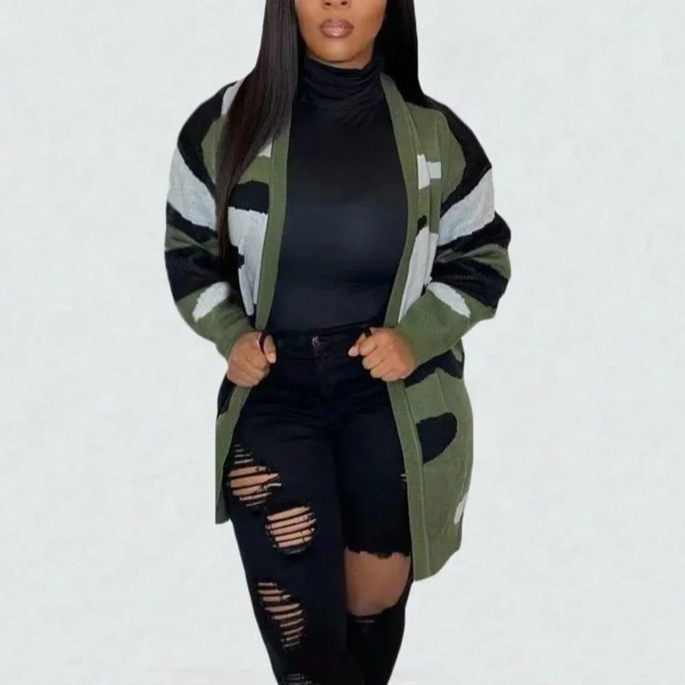 Army Green Casual Women's Camo Print Cardigan Sweater